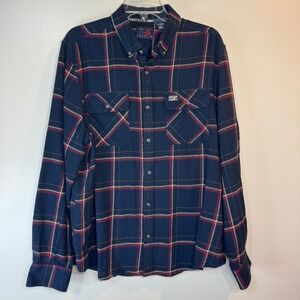 Perry Ellis America Flannel Shirt Mens XL Navy Blue Red Plaid Long Sleeve Cotton